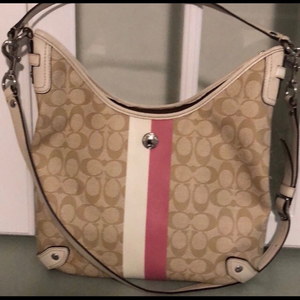 Coach Beige/Cream Signature Coated Canvas and Leather Hobo